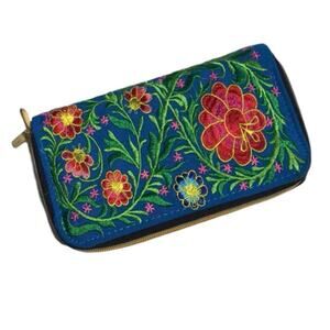 Embroidered Floral Wallet - Blue and Red